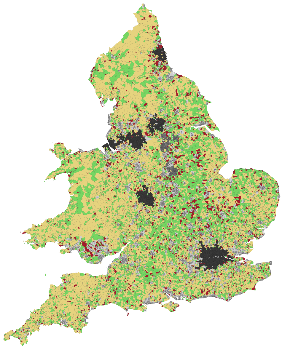 Map of England and Wales showing Output Areas coloured by rural-urban classification (part 2)