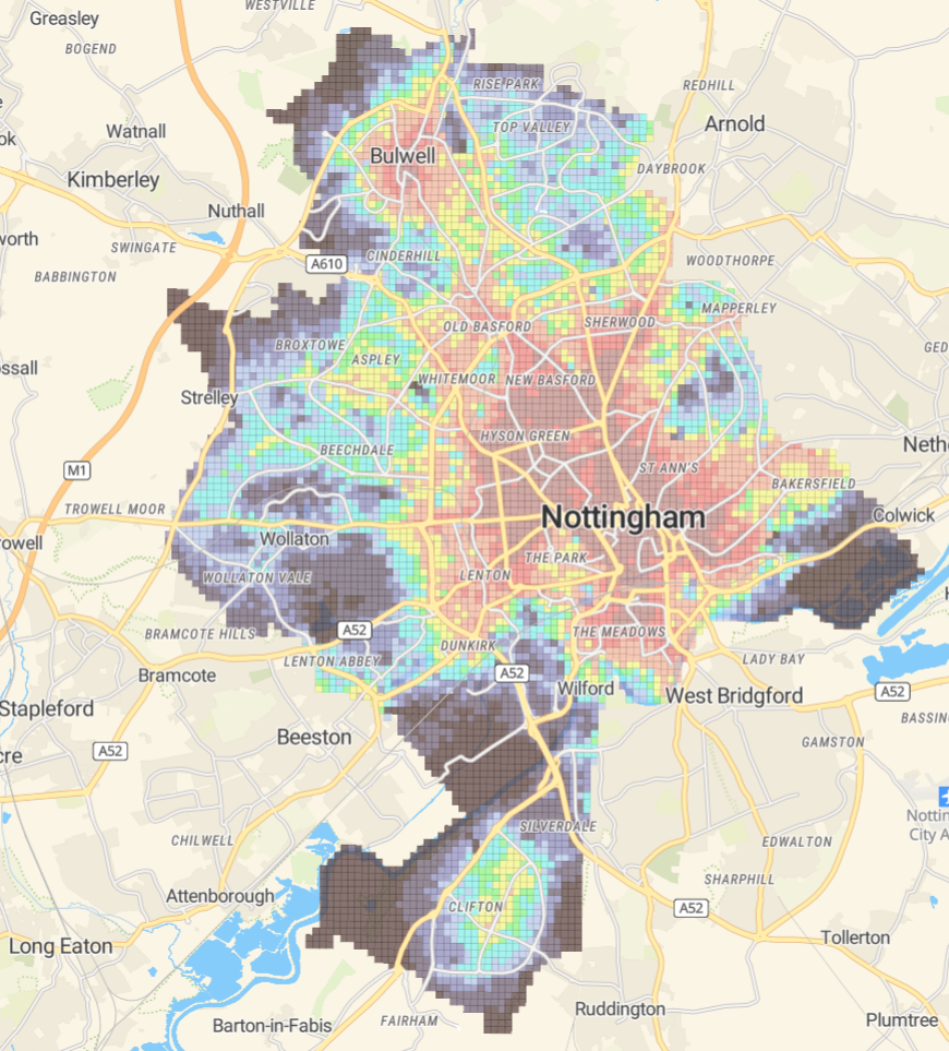 Map showing local authority connectivity scores grouped into 10 colour bands